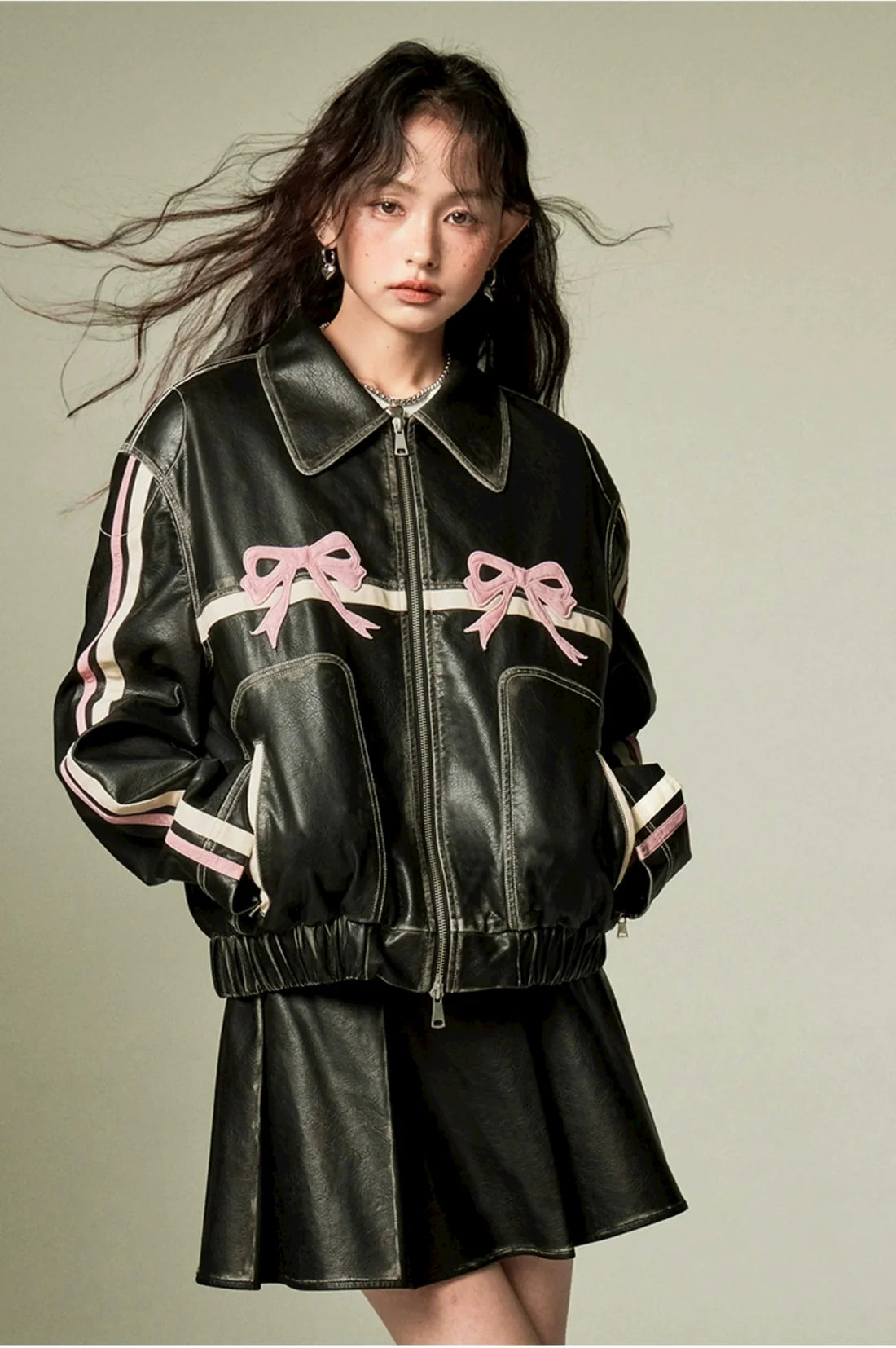 Double Bow Faux-Leather Jacket