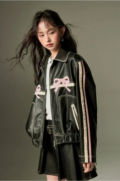 Double Bow Faux-Leather Jacket