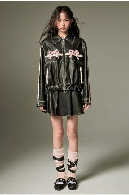 Double Bow Faux-Leather Jacket