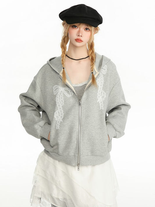 Lace Bow Print Hoodie