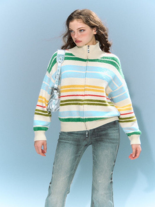 Multicolor Stripe Mock Neck Jacket