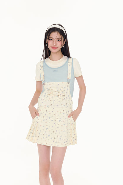 Bow Print Pleated Overall Dress