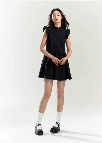 Textured Line Ruffle Qipao Mini Dress