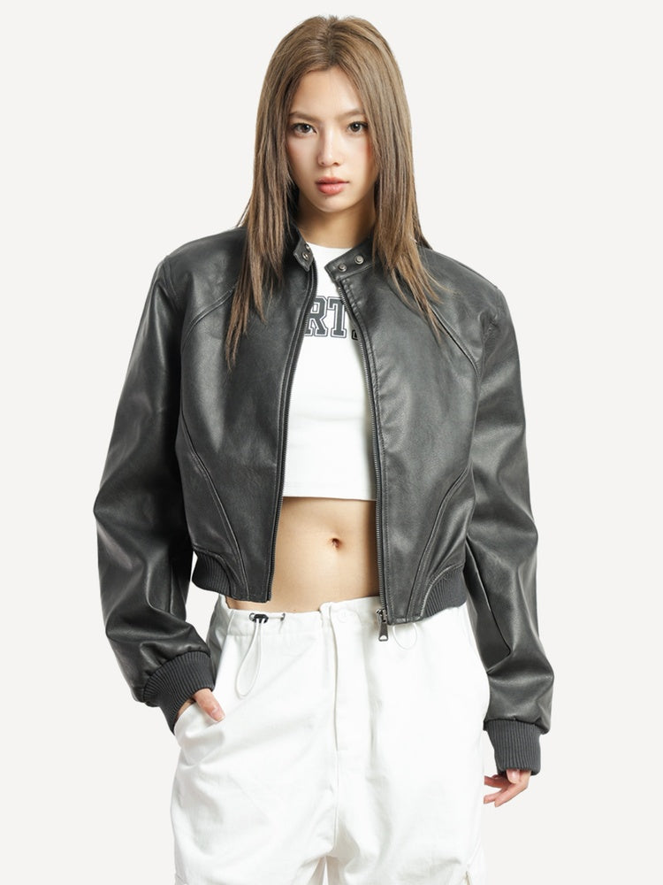 Curve-Paneled Cropped Faux Leather Jacket