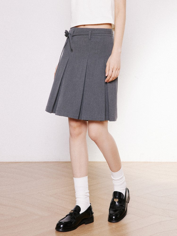 Pleated Bow Belt Midi Skirt