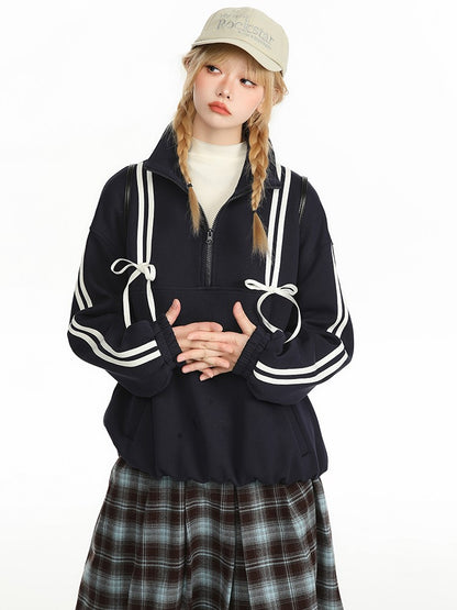 Striped Bow Half Zip Sweatshirt