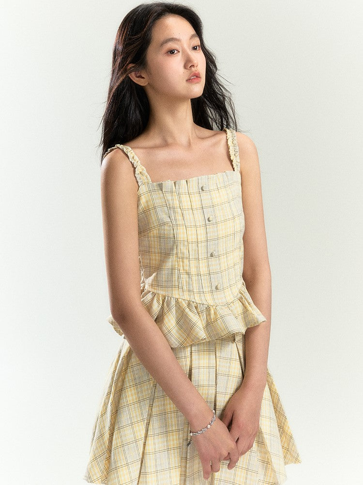 Retro Plaid Ruffle Square Neck Camisole