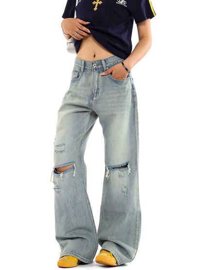 Ripped Wide-Leg Denim Jeans