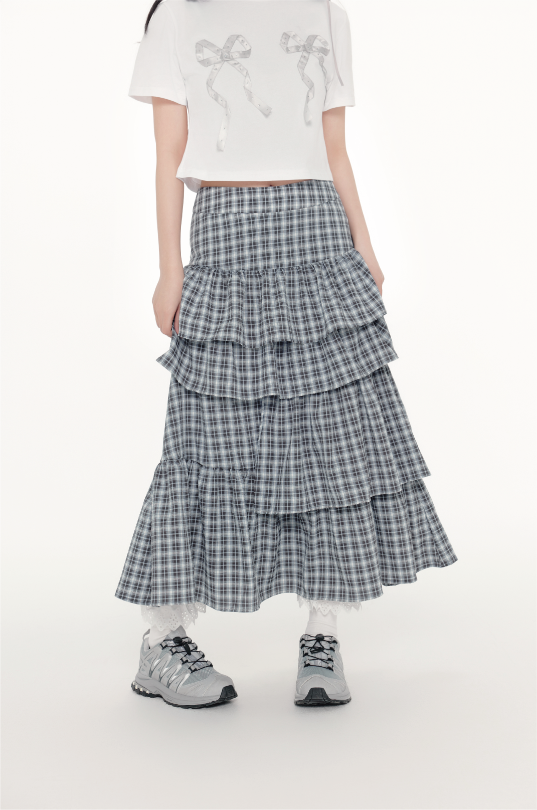 Plaid Tiered Ruffle Maxi Skirt