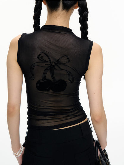 Sheer Open Back Cherry Bow Tank Top