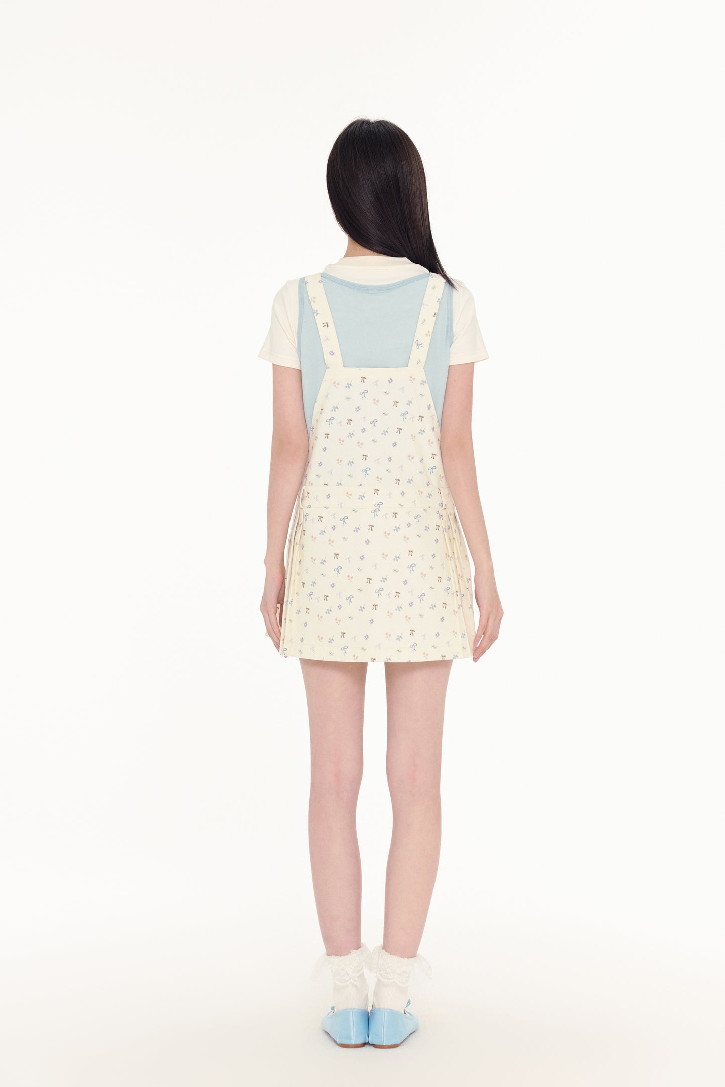 Bow Print Pleated Overall Dress