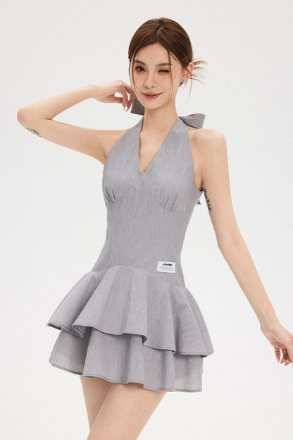 V-Neck Bow Tiered Mini Dress