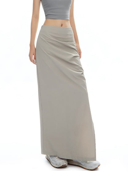 Ruched Curve-Slit Midi Skirt