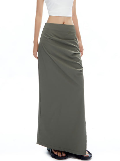 Ruched Curve-Slit Midi Skirt