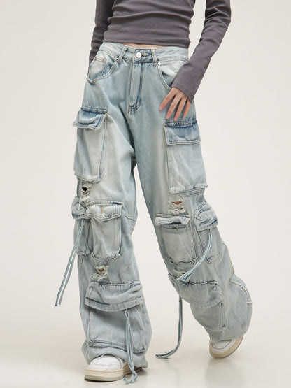 Distressed Multipocket Denim Cargo Jeans