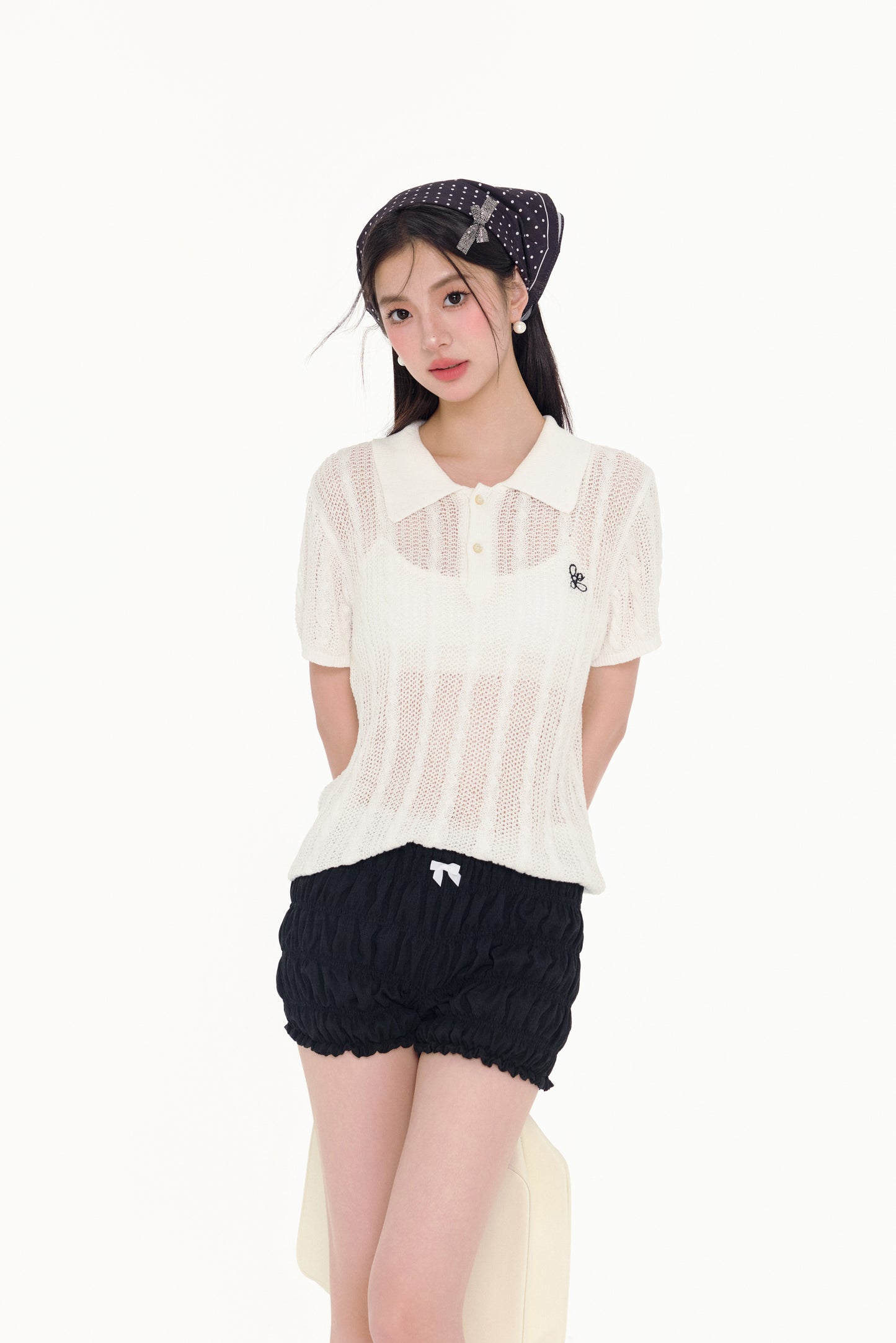 Cable-Knit Cropped Polo Shirt