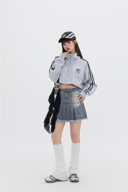 Striped Stand Collar Cropped Track Jacket