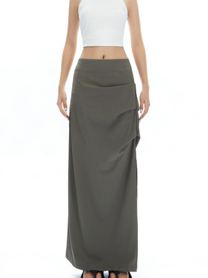 Ruched Curve-Slit Midi Skirt