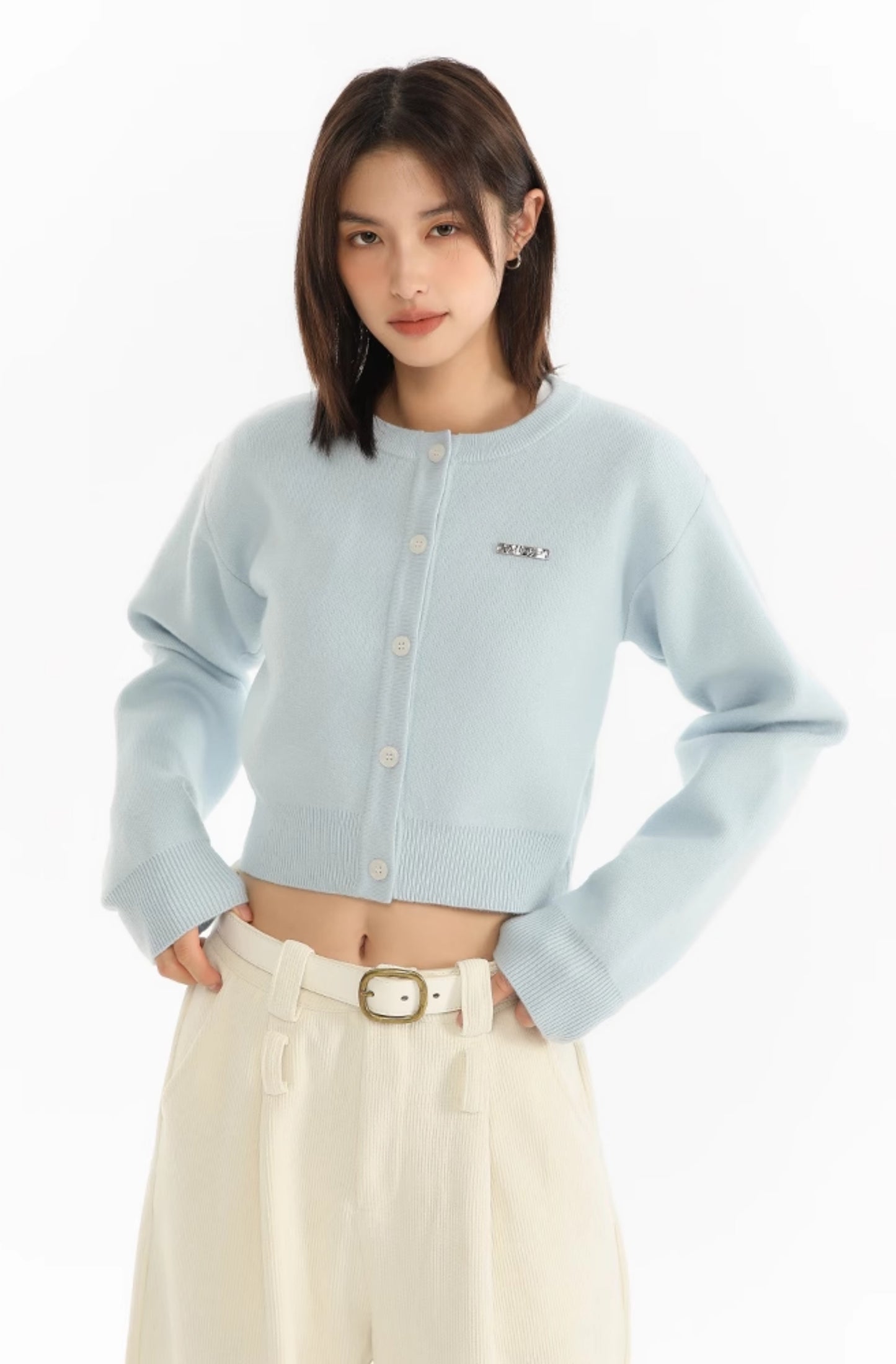 Cropped Button Crewneck Cardigan