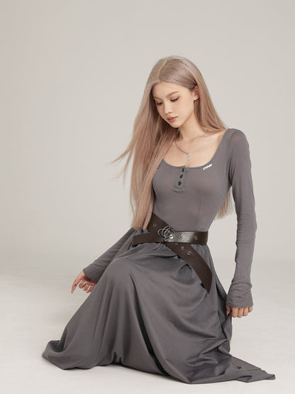 Square Neck Long Sleeve Maxi Dress