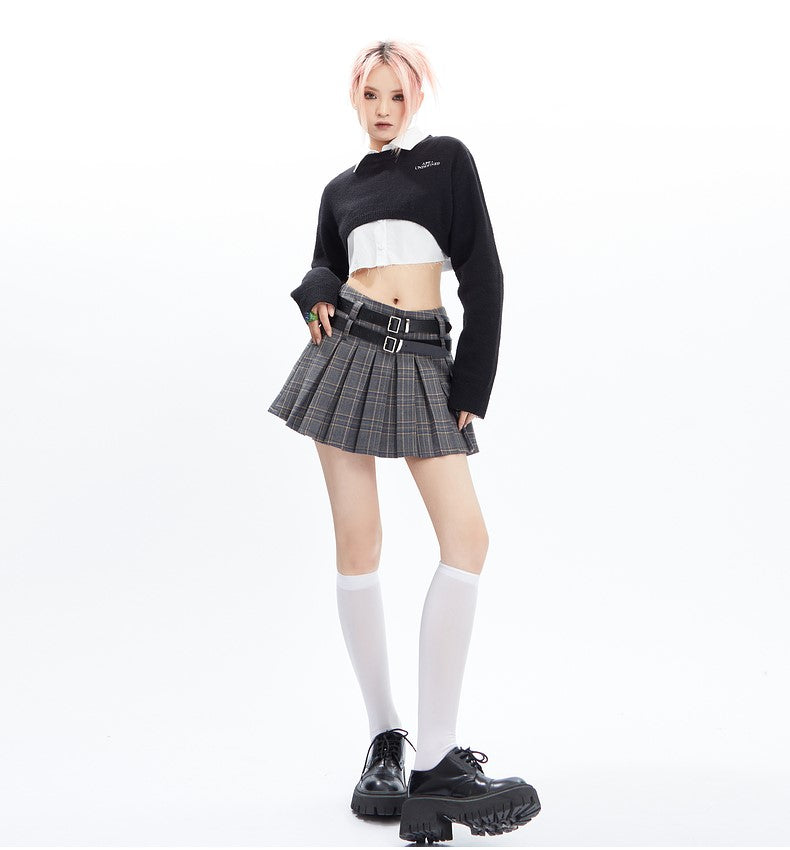 Plaid Double Belt Pleated Mini Skirt