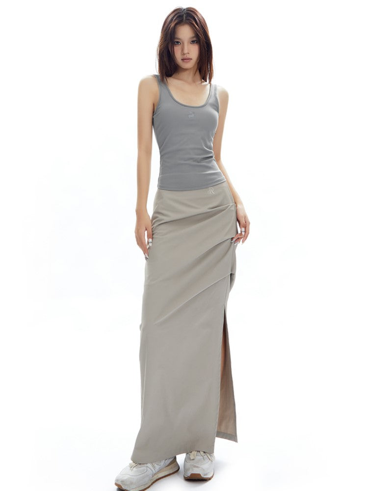 Ruched Curve-Slit Midi Skirt