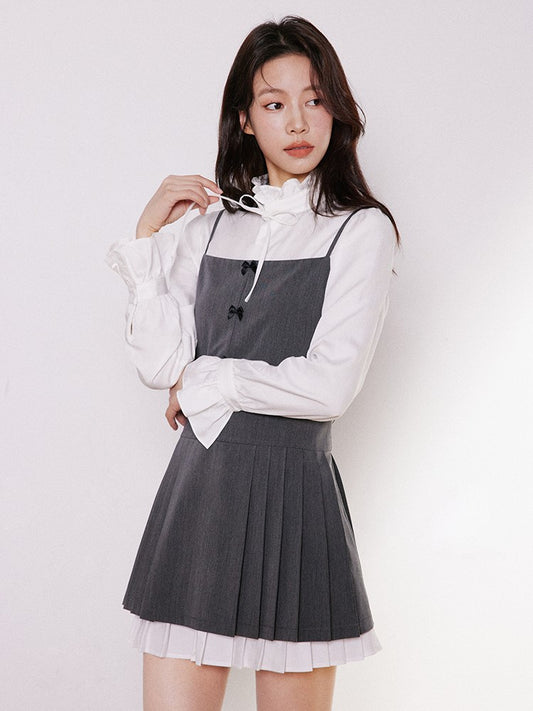 Bow Button Pleated Strap Mini Dress