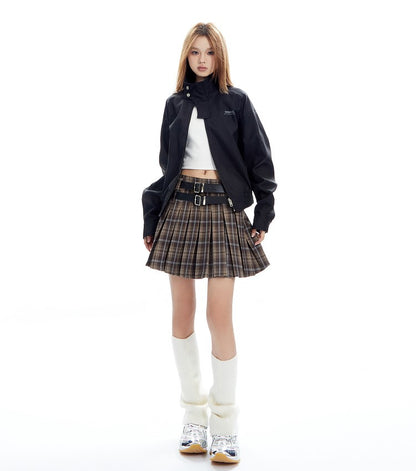 Plaid Double Belt Pleated Mini Skirt