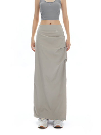 Ruched Curve-Slit Midi Skirt