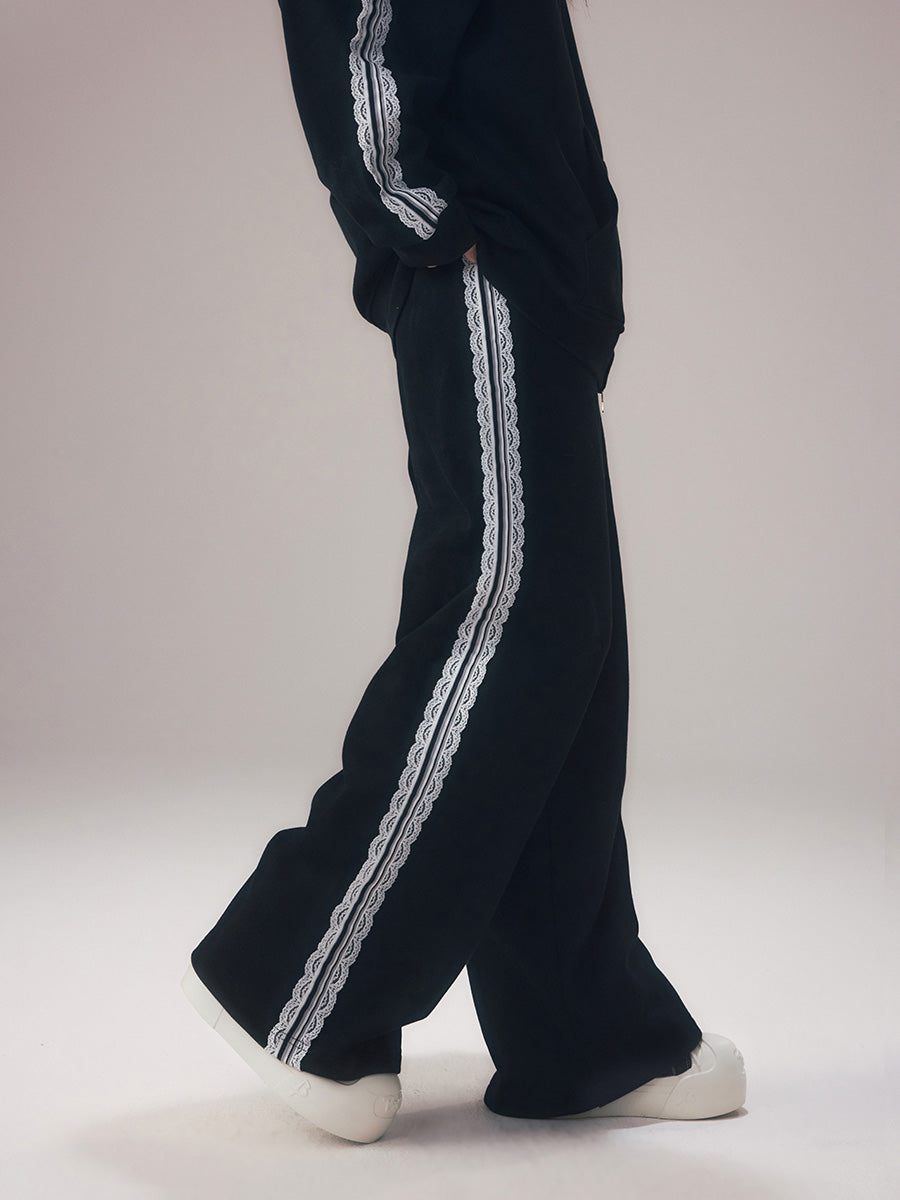 Lace Striped Wide-Leg Lounge Pants