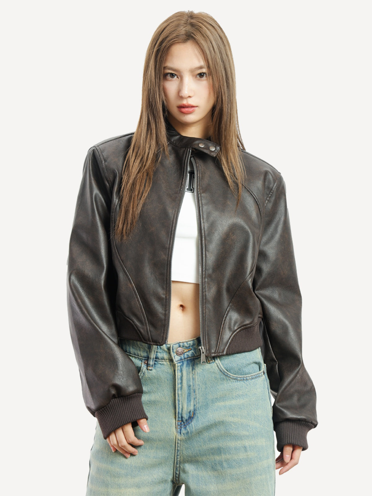 Curve-Paneled Cropped Faux Leather Jacket