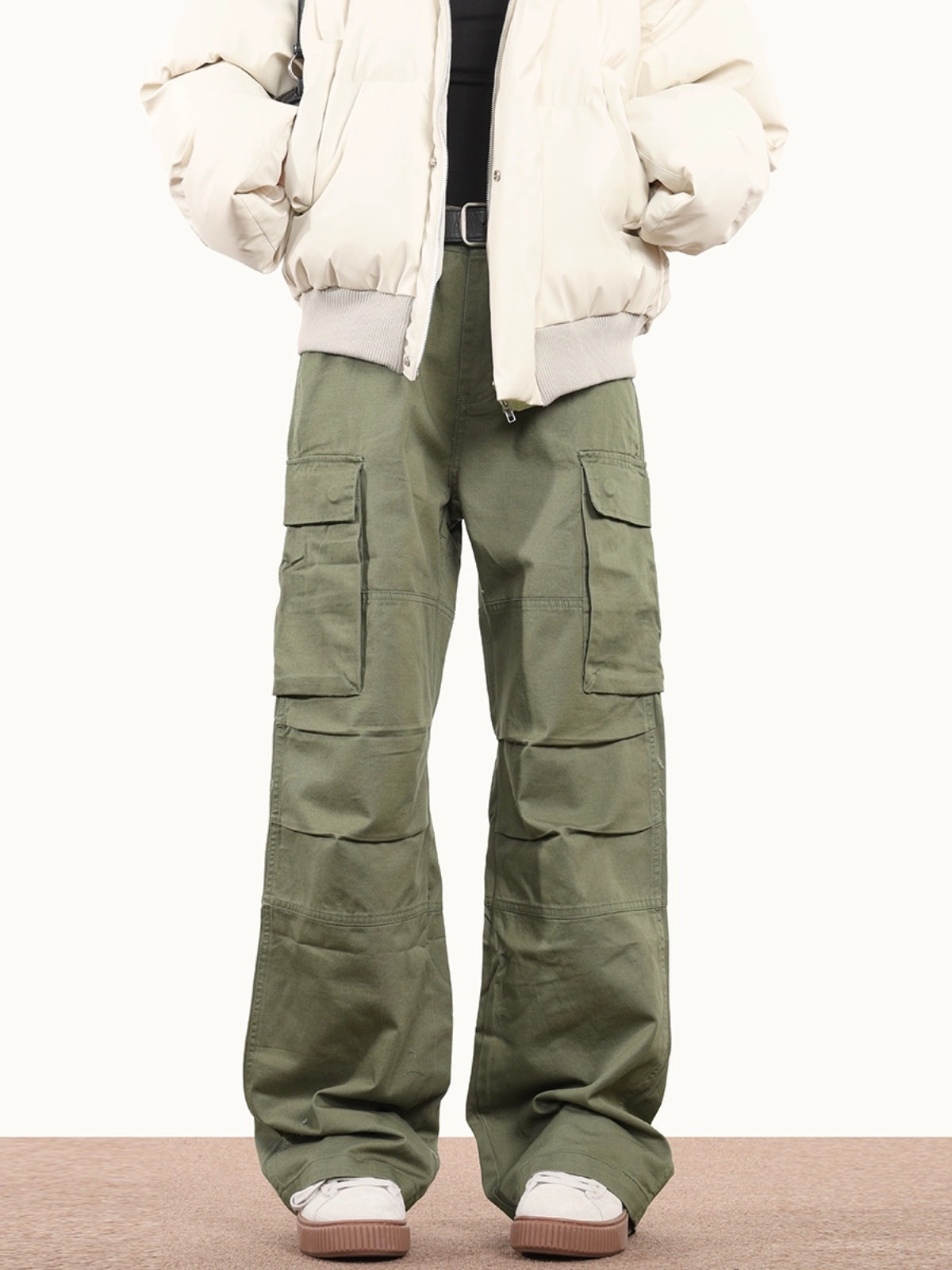 Triple-Pleated Cargo Pocket Pants