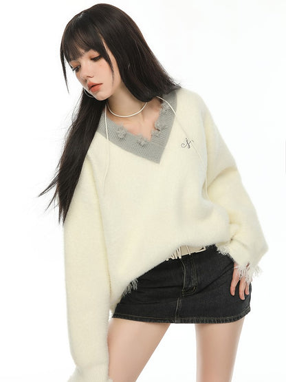 Two-Tone V-Neck Distressed Trim Sweater