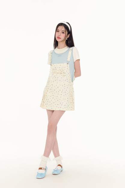 Bow Print Pleated Overall Dress