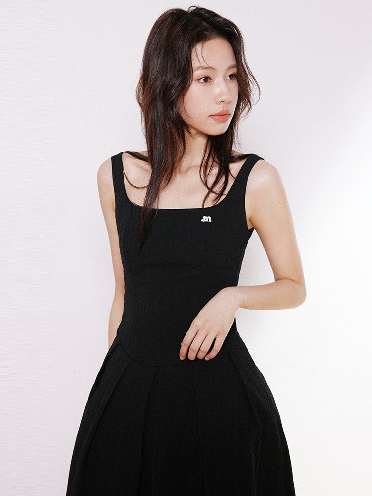 Open Back Pleated Strap Midi Dress