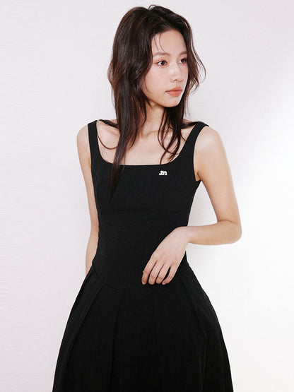 Open Back Pleated Strap Midi Dress