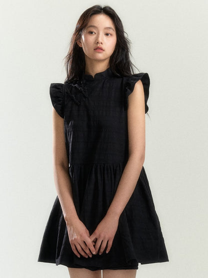 Textured Line Ruffle Qipao Mini Dress