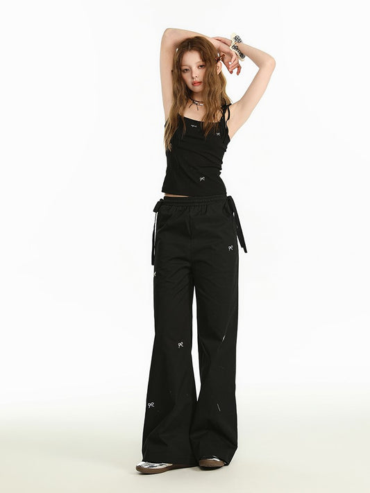 Embroidered Bow Tie-Strap Pants