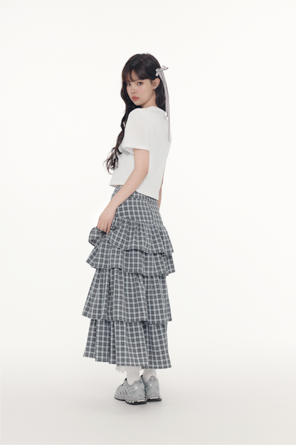 Plaid Tiered Ruffle Maxi Skirt