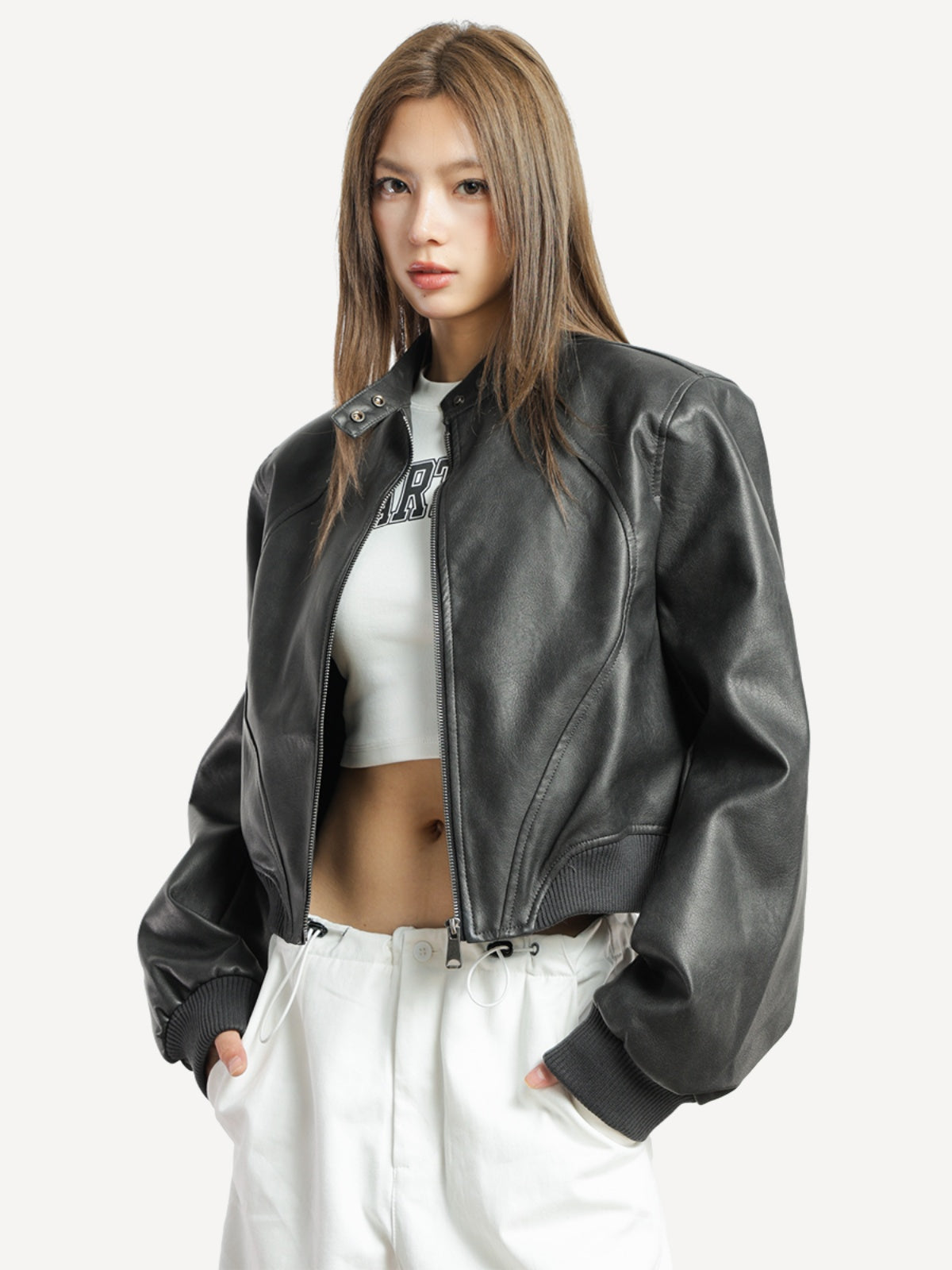 Curve-Paneled Cropped Faux Leather Jacket