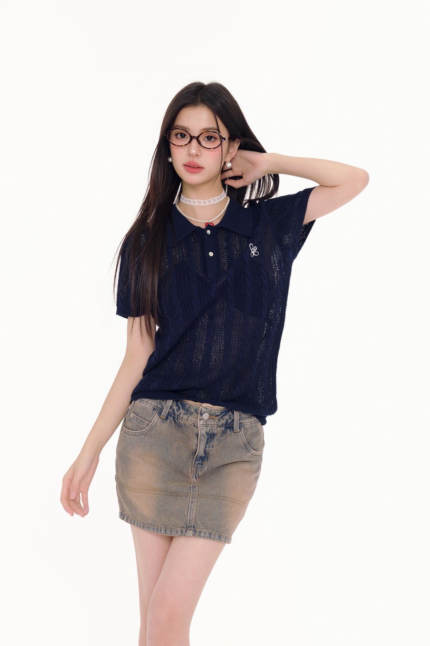 Cable-Knit Cropped Polo Shirt