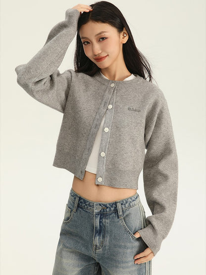 Cropped Button Crewneck Cardigan