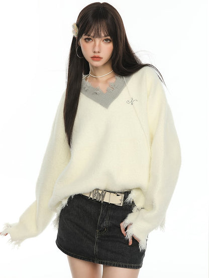 Two-Tone V-Neck Distressed Trim Sweater