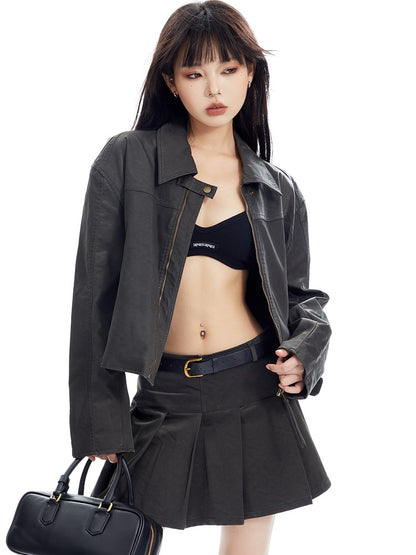 Retro Paneled Cropped Faux Leather Jacket