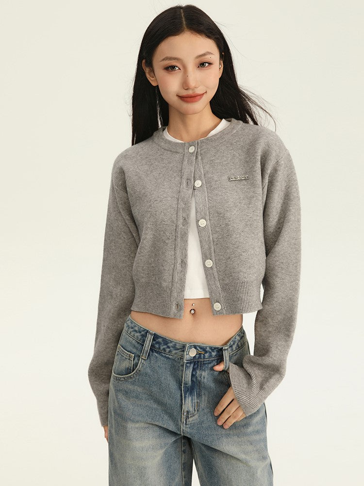 Cropped Button Crewneck Cardigan