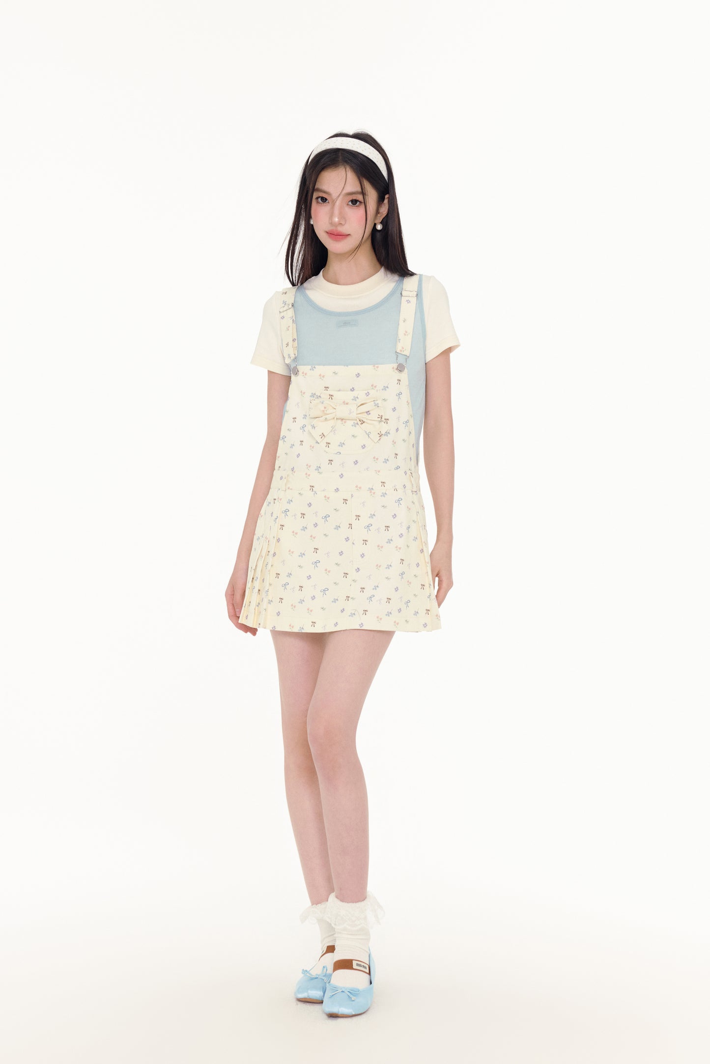 Bow Print Pleated Overall Dress