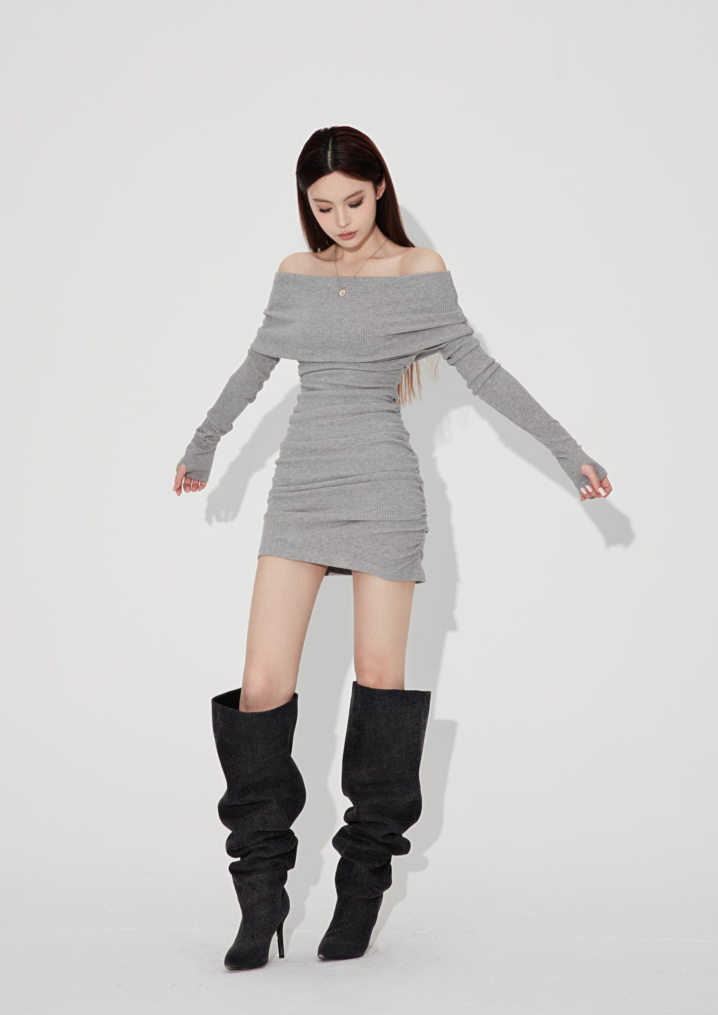 Off Shoulder Ribbed Long Sleeve Dress