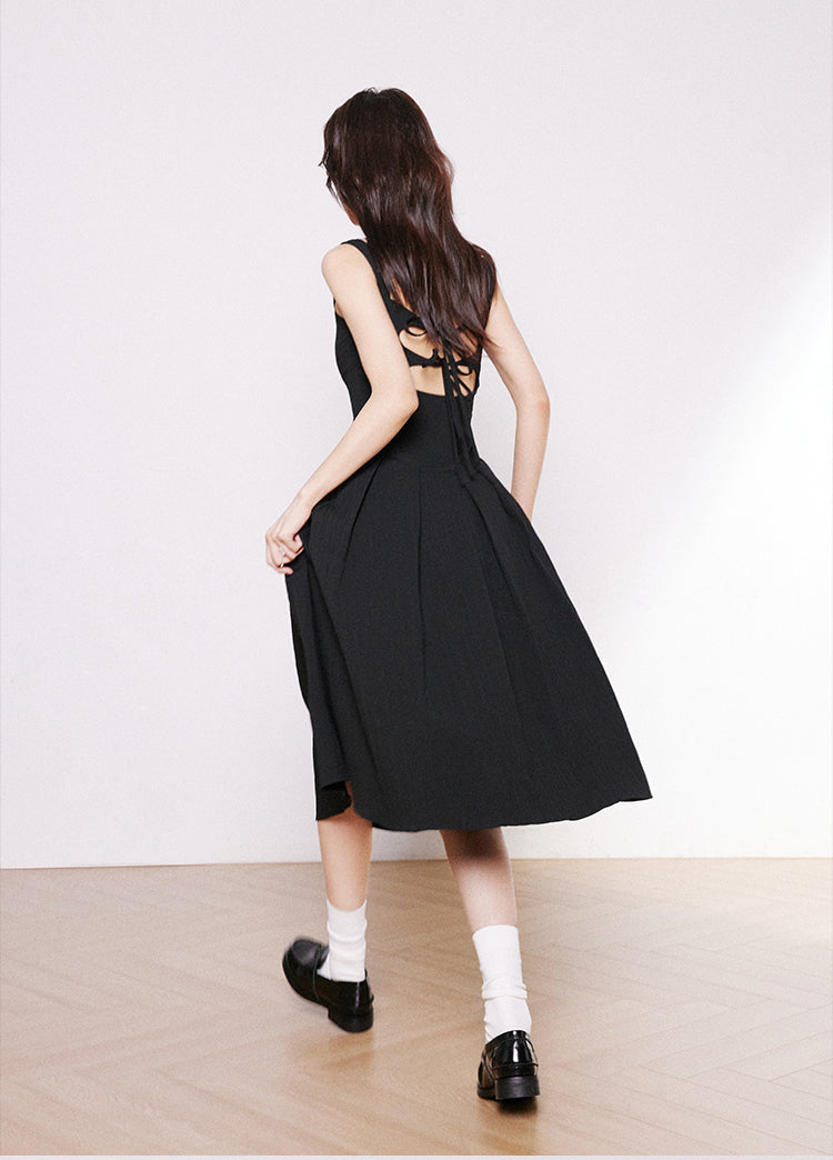 Open Back Pleated Strap Midi Dress