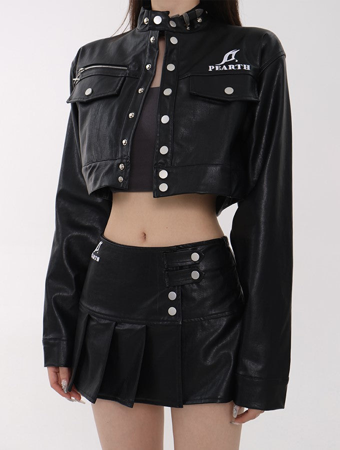 Cropped Faux Leather Studded Jacket