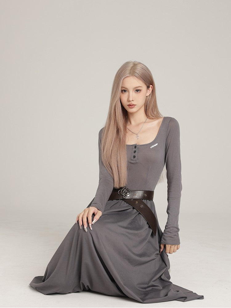 Square Neck Long Sleeve Maxi Dress